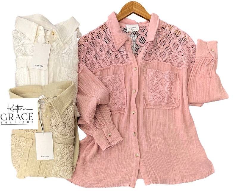 "Kenzie" Soft Cotton Blouse with Lace Insets