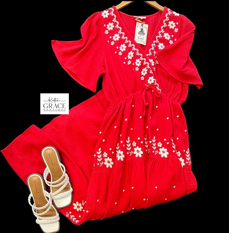 Now in Red! "Constance" Embroidered Soft Cotton Dress