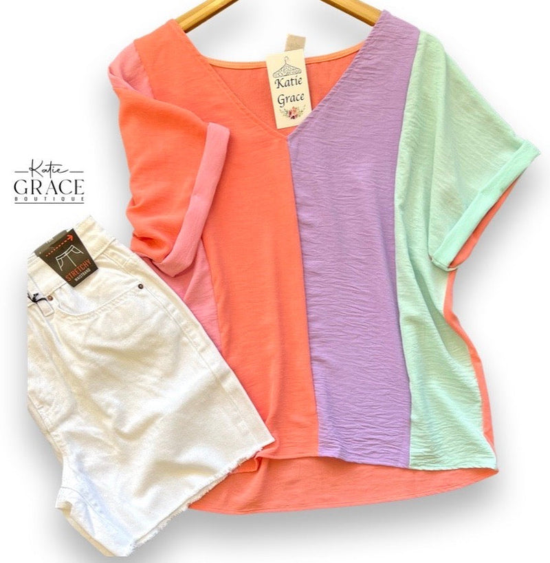 Last One! “Betsy" Air Flow Color Block Blouse