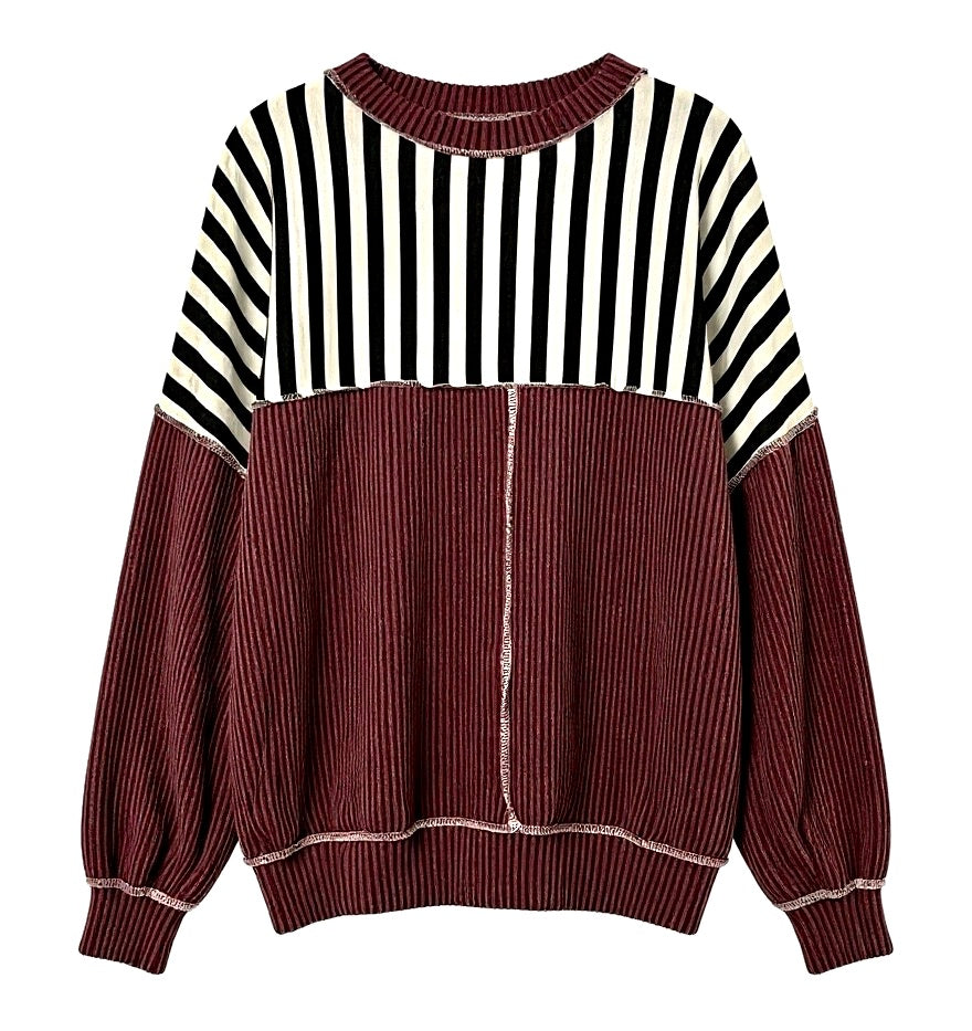 "Kinsley" Striped and Curly Ribbed Pullover