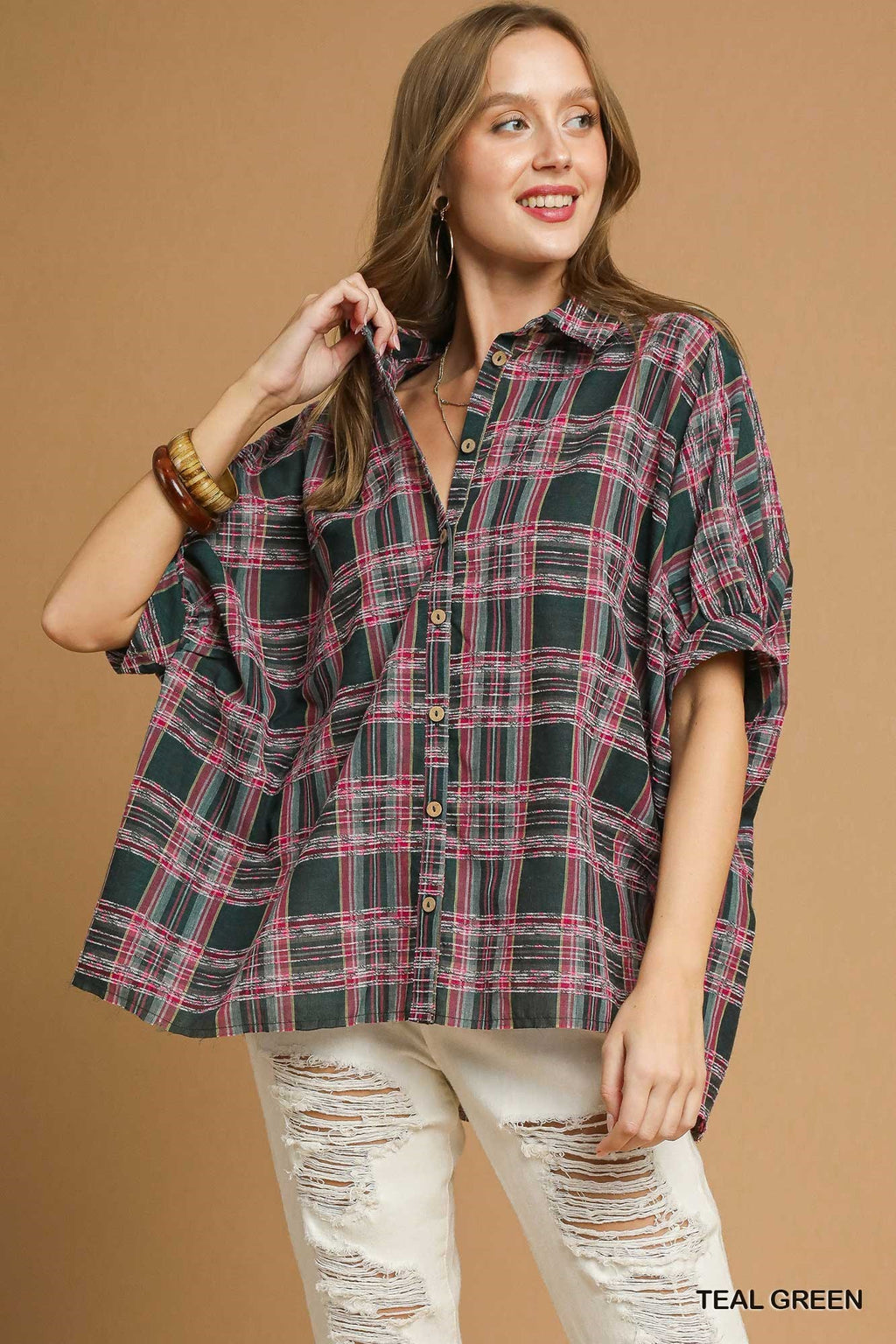 "Britt" Textured Plaid Blouse - The Katie Grace Boutique