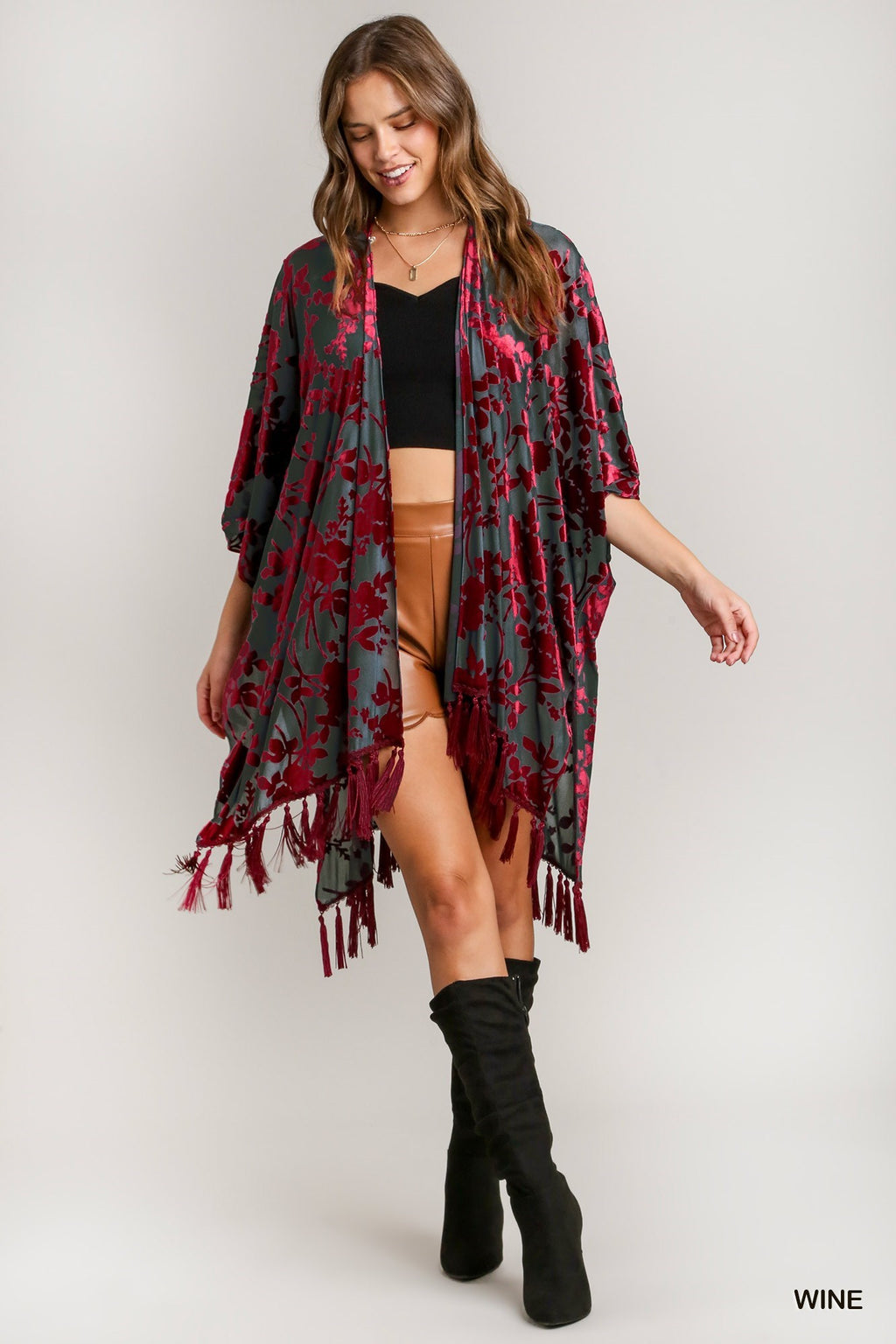 "Kristen" Burnout Velvet Kimono, Wine - The Katie Grace Boutique