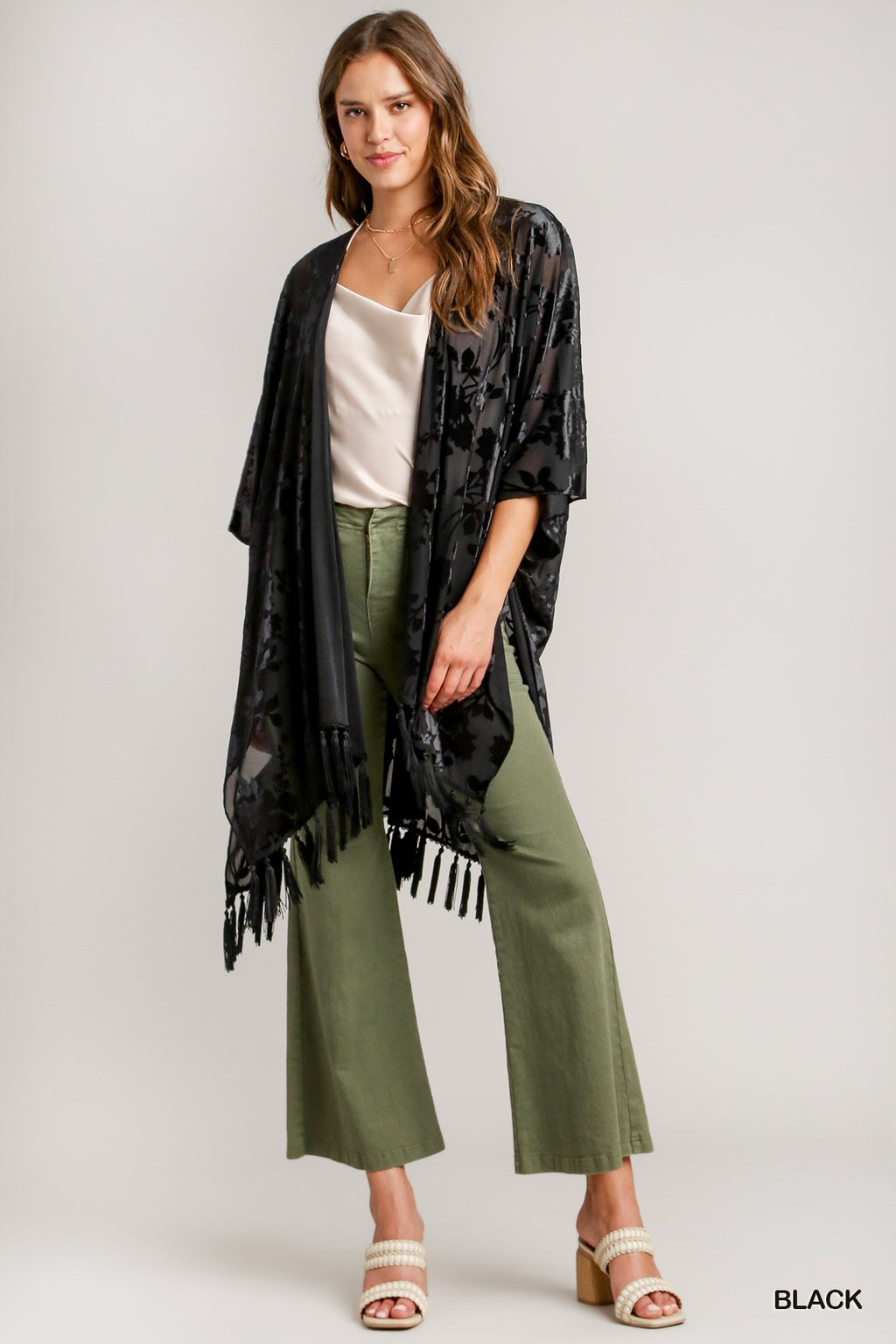 "Kristen" Burnout Velvet Fringe Kimono, Black - The Katie Grace Boutique