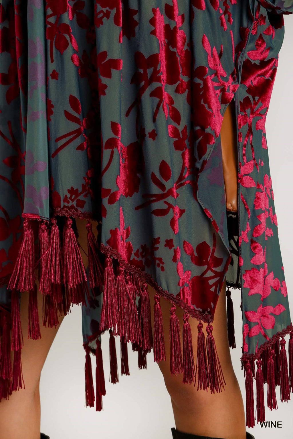 "Kristen" Burnout Velvet Kimono, Wine - The Katie Grace Boutique