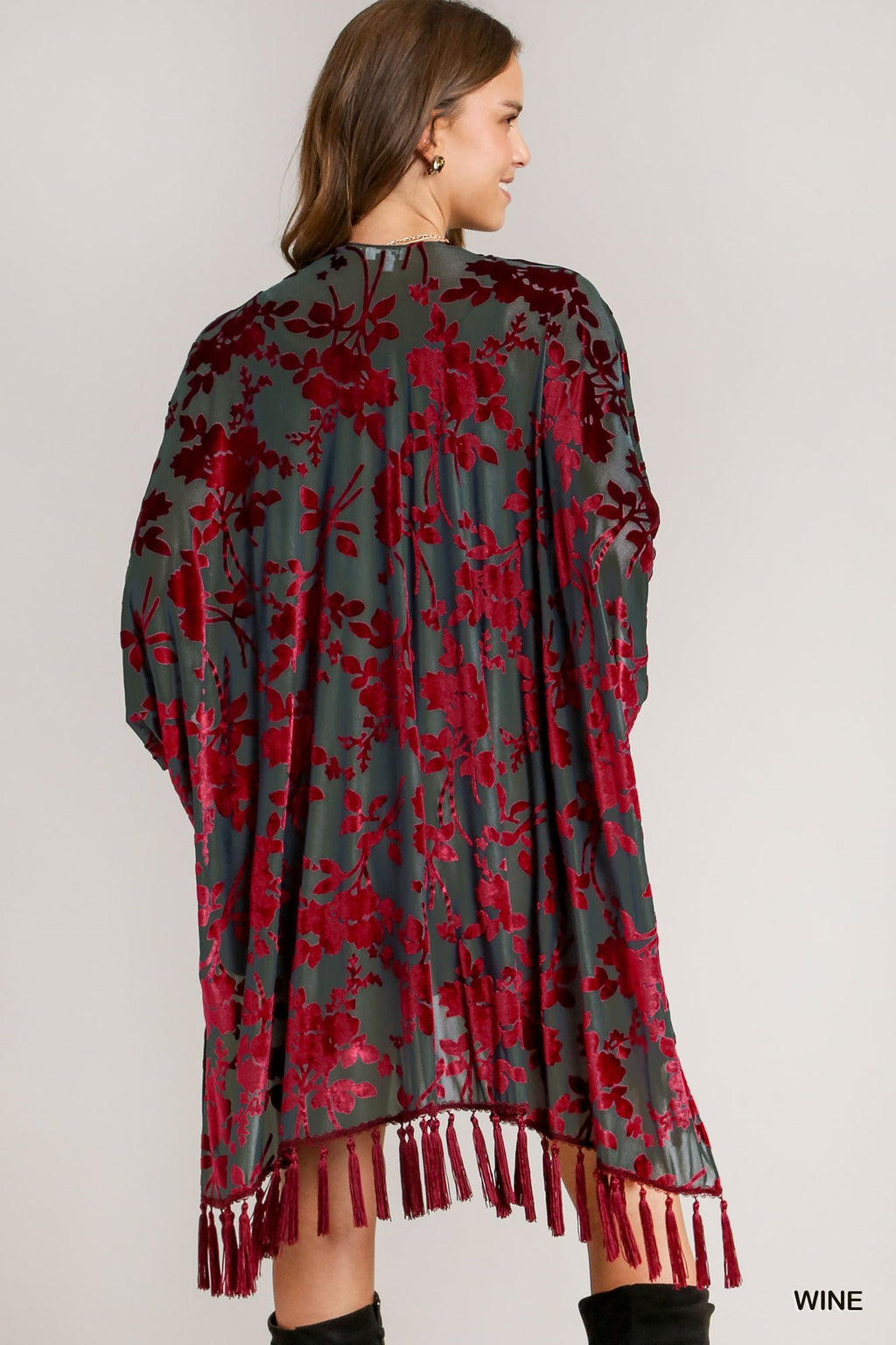 "Kristen" Burnout Velvet Kimono, Wine - The Katie Grace Boutique