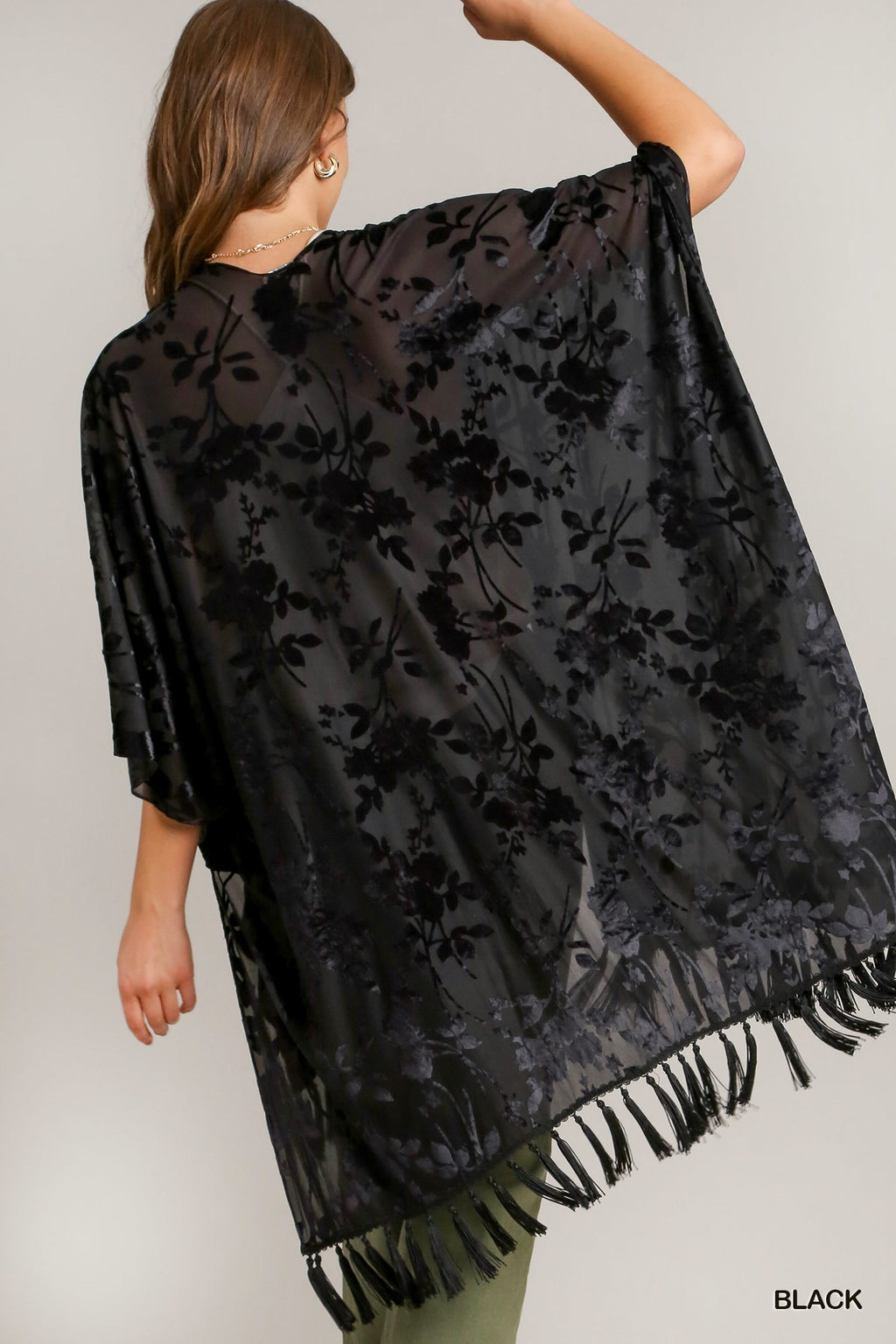 "Kristen" Burnout Velvet Fringe Kimono, Black - The Katie Grace Boutique