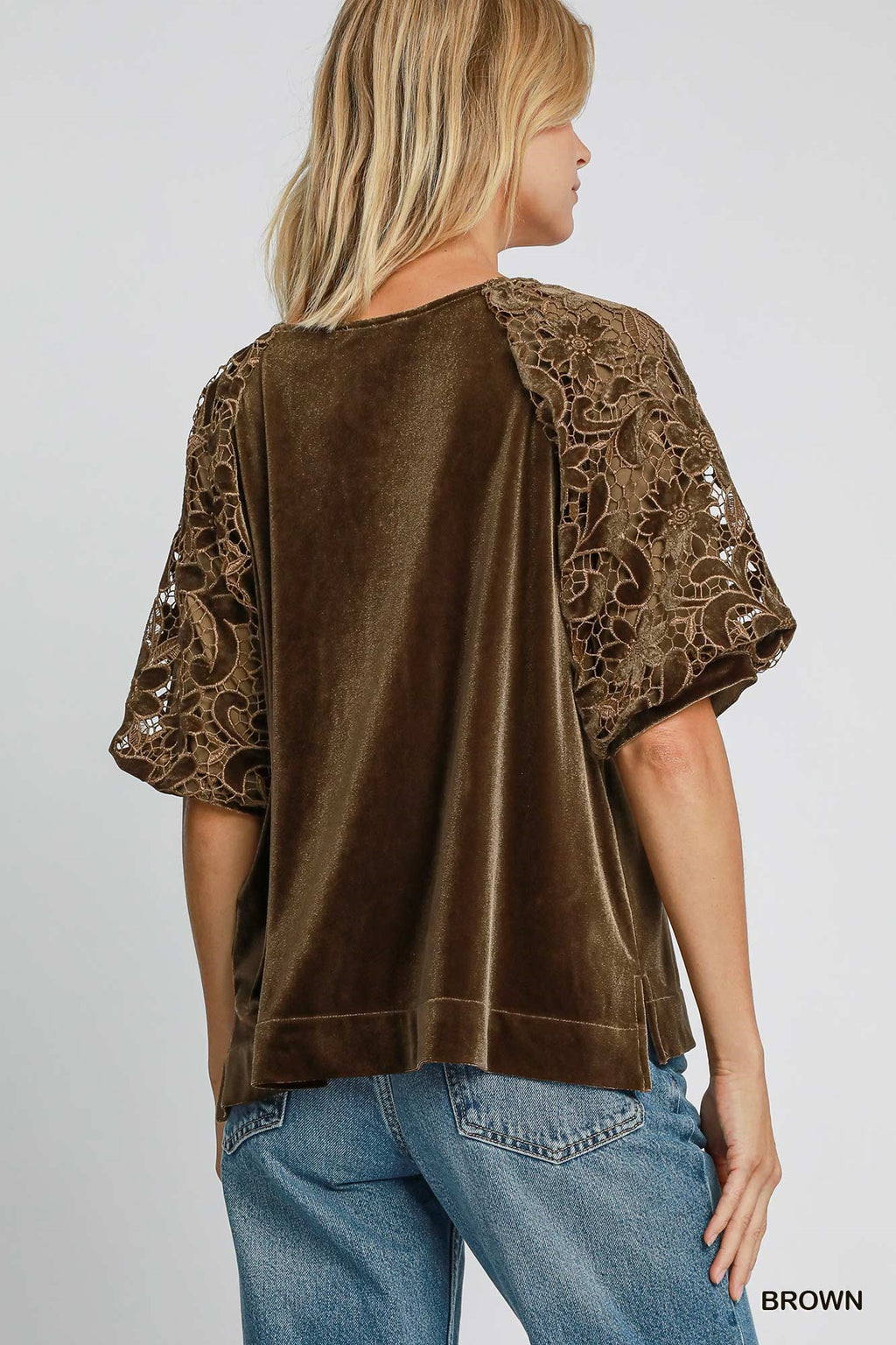 "Sydney" Velvet Blouse with Lace Sleeves - The Katie Grace Boutique