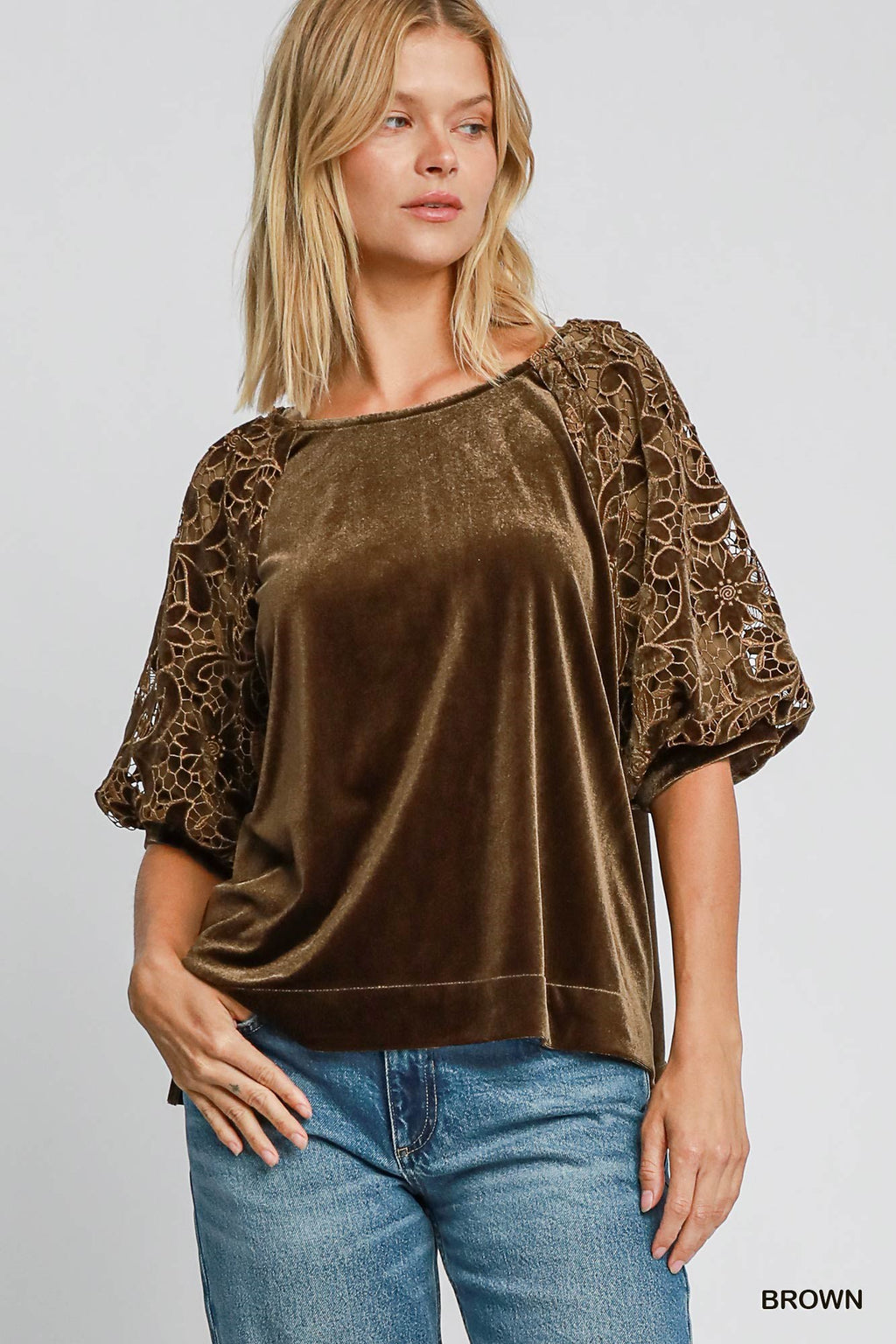 "Sydney" Velvet Blouse with Lace Sleeves - The Katie Grace Boutique