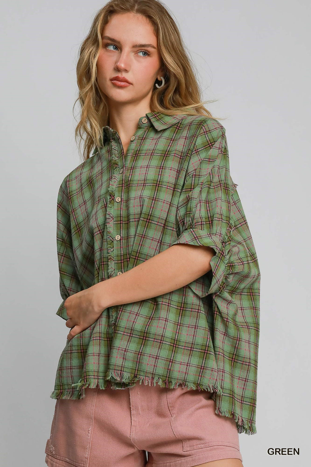 "Sylvie" Dolman Sleeve Plaid Blouse, Green - The Katie Grace Boutique