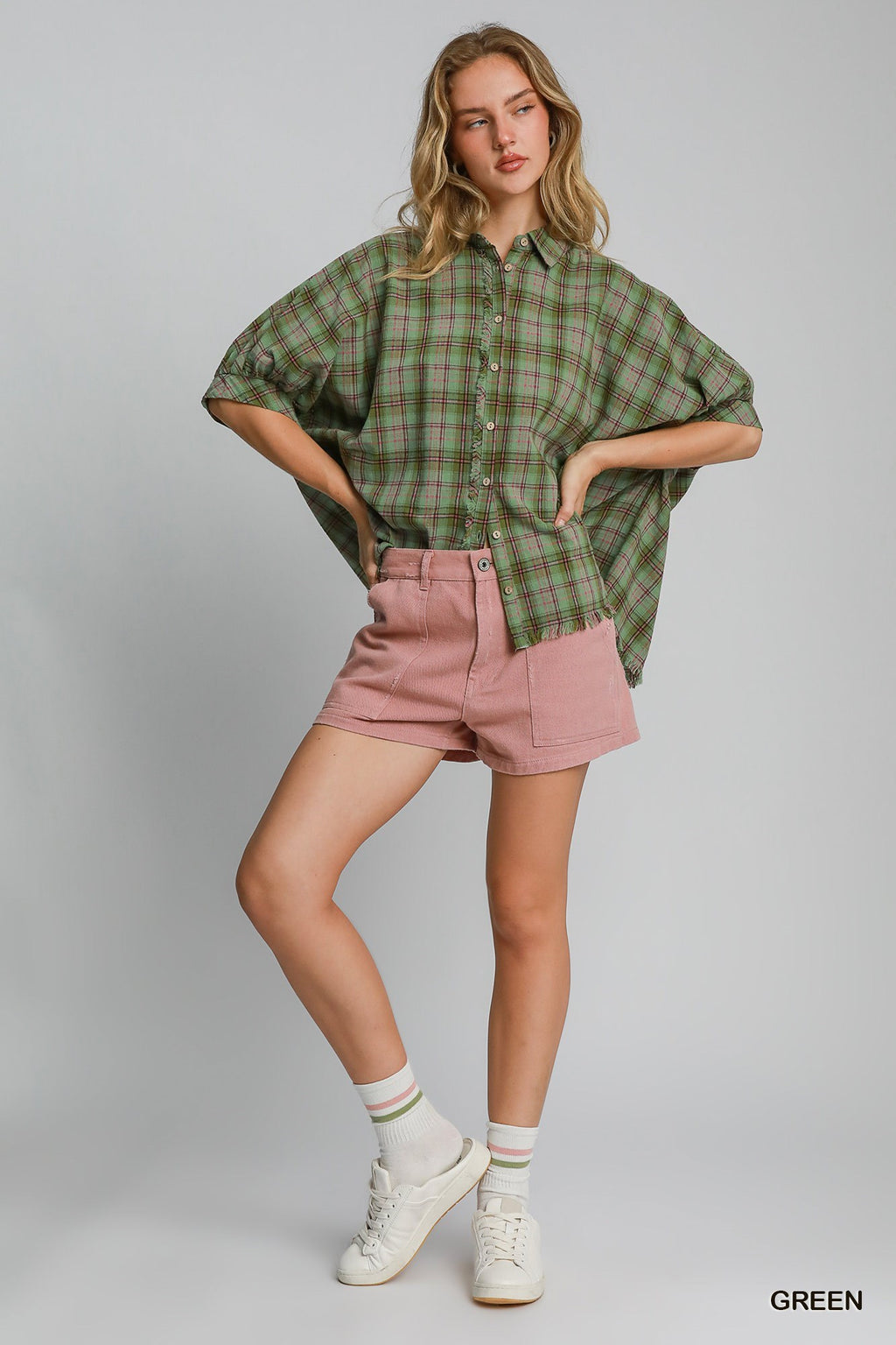 "Sylvie" Dolman Sleeve Plaid Blouse, Green - The Katie Grace Boutique