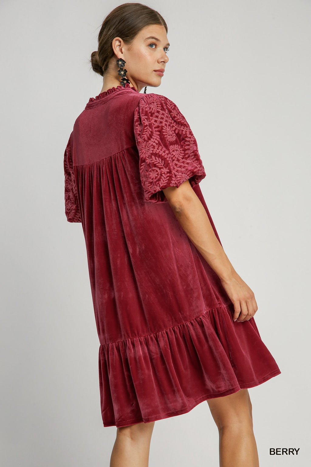 "Nora" Velvet Dress with Embroidered Sleeves, Berry - The Katie Grace Boutique