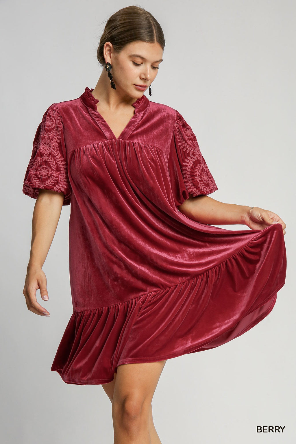 "Nora" Velvet Dress with Embroidered Sleeves, Berry - The Katie Grace Boutique