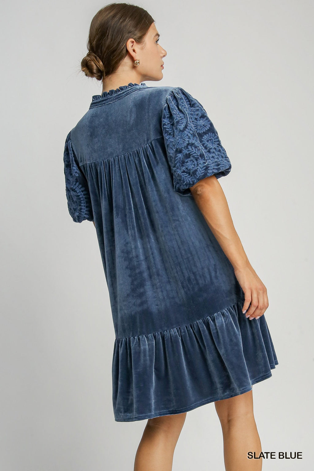 "Nora" Velvet Dress with Embroidered Sleeves, Blue - The Katie Grace Boutique