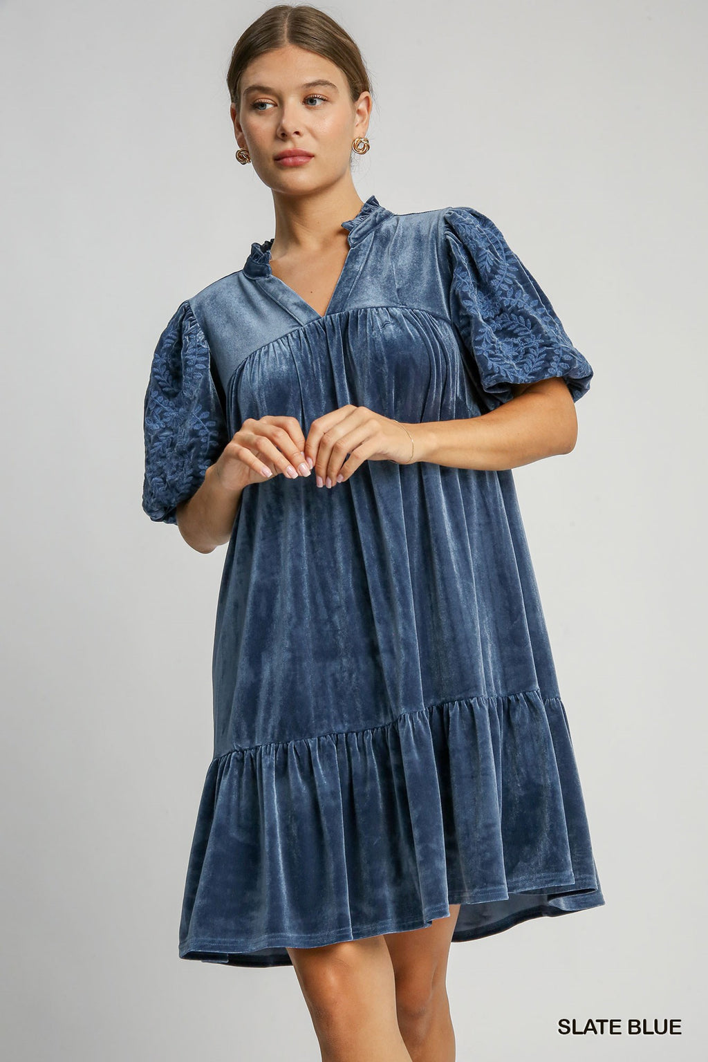 "Nora" Velvet Dress with Embroidered Sleeves, Blue - The Katie Grace Boutique