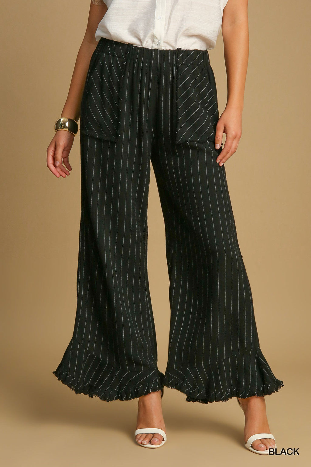 "Rachel" Pin Stripe Linen Blend Pants, Black - The Katie Grace Boutique