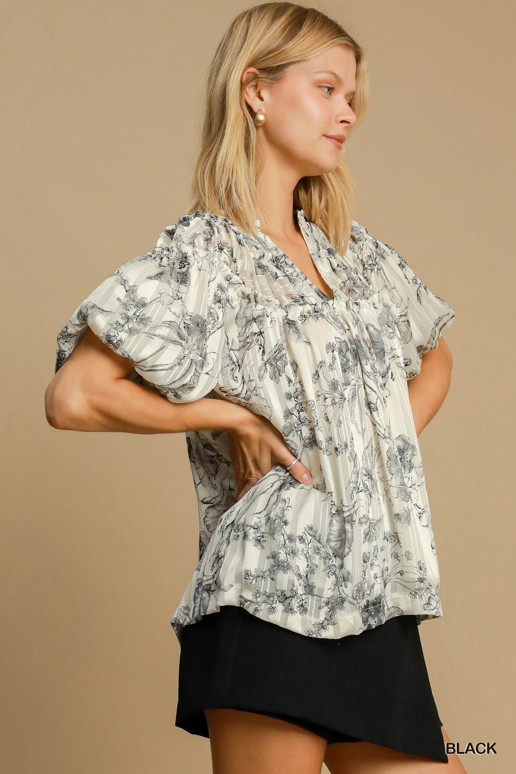 "Macey" Floral Puff Sleeve Blouse, Black - The Katie Grace Boutique