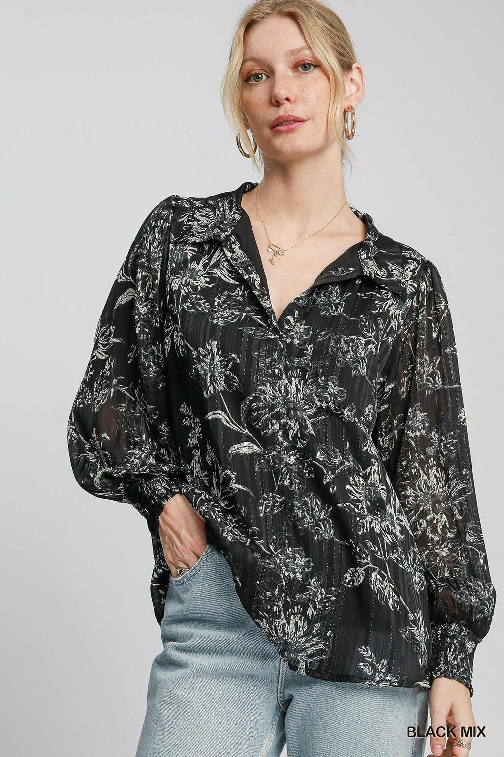 "Gabriella" Lurex Floral Blouse - The Katie Grace Boutique