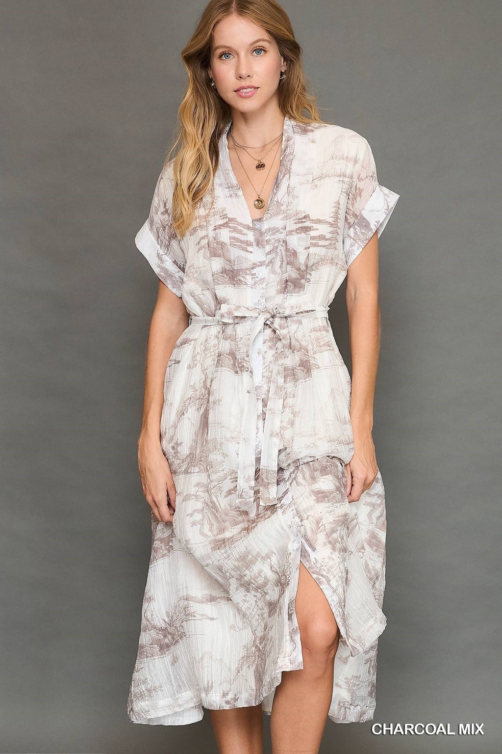 "Ophelia" Toile Midi Dress, Taupe - The Katie Grace Boutique