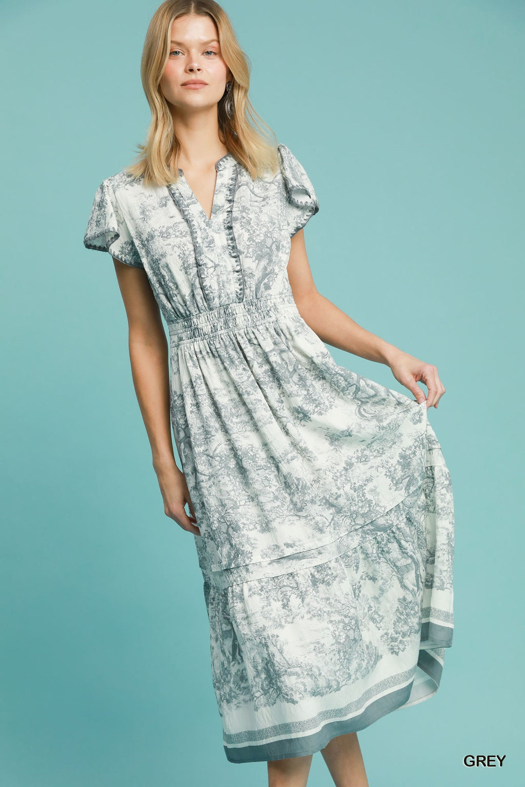 "Sarah" Toile Midi Dress, Charcoal - The Katie Grace Boutique