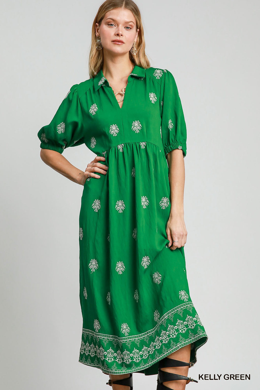 Last One! “Kelly" Embroidered Midi Dress - The Katie Grace Boutique