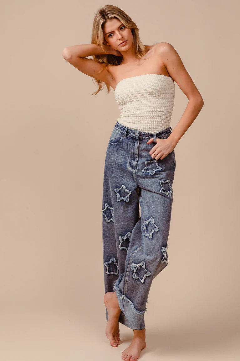 "Starr" Cuffed Jeans with Star Details - The Katie Grace Boutique