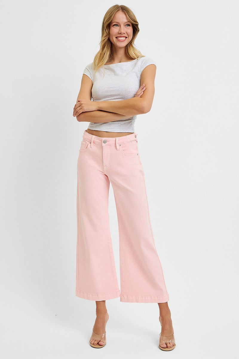 "Bella" Wide Leg Cropped Pink Jeans