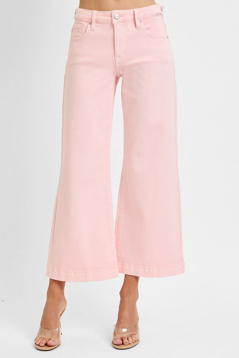 "Bella" Wide Leg Cropped Pink Jeans