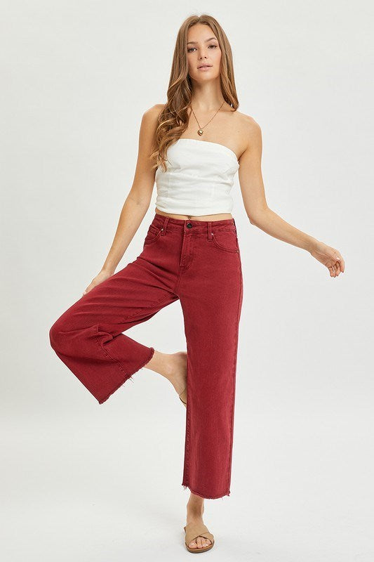 "Cheri" Wide Leg Tummy Control Jeans, Wine - The Katie Grace Boutique