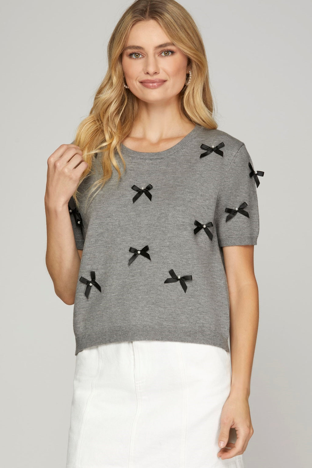 "Stephanie" Bow and Pearls Sweater, Grey - The Katie Grace Boutique