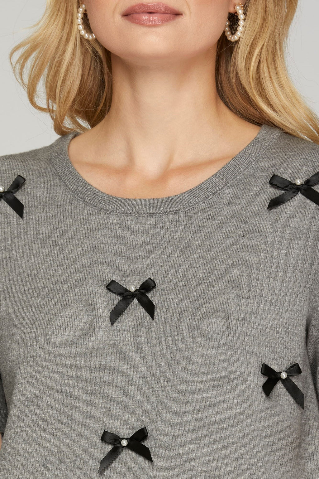 "Stephanie" Bow and Pearls Sweater, Grey - The Katie Grace Boutique