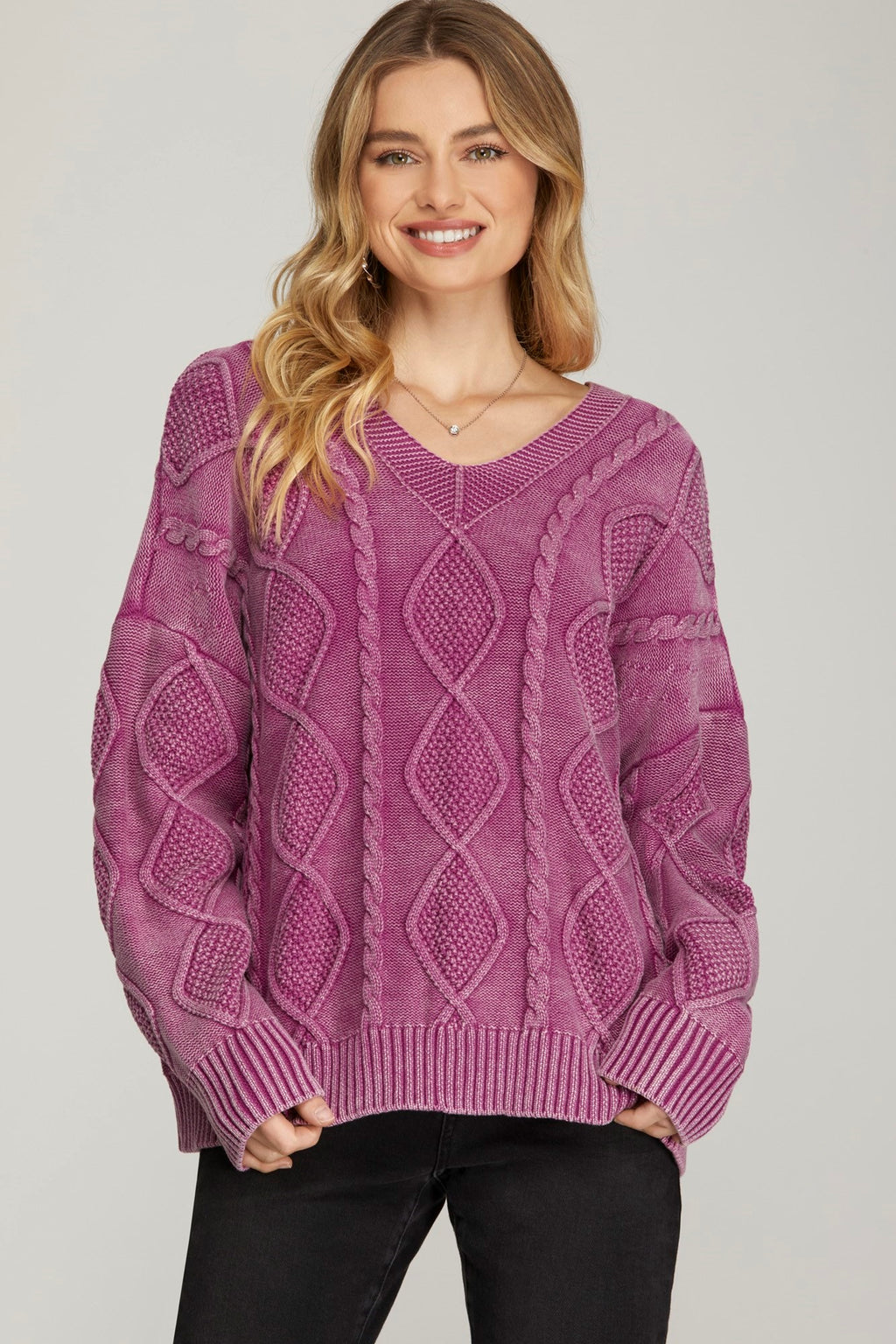 "Kimberly" Mineral washed Cable Knit Sweater, 2 colors