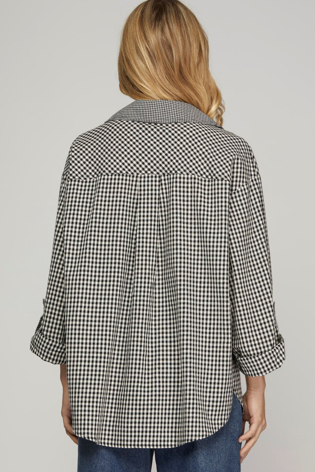 "Maren" Roll Tab Plaid Blouse - The Katie Grace Boutique