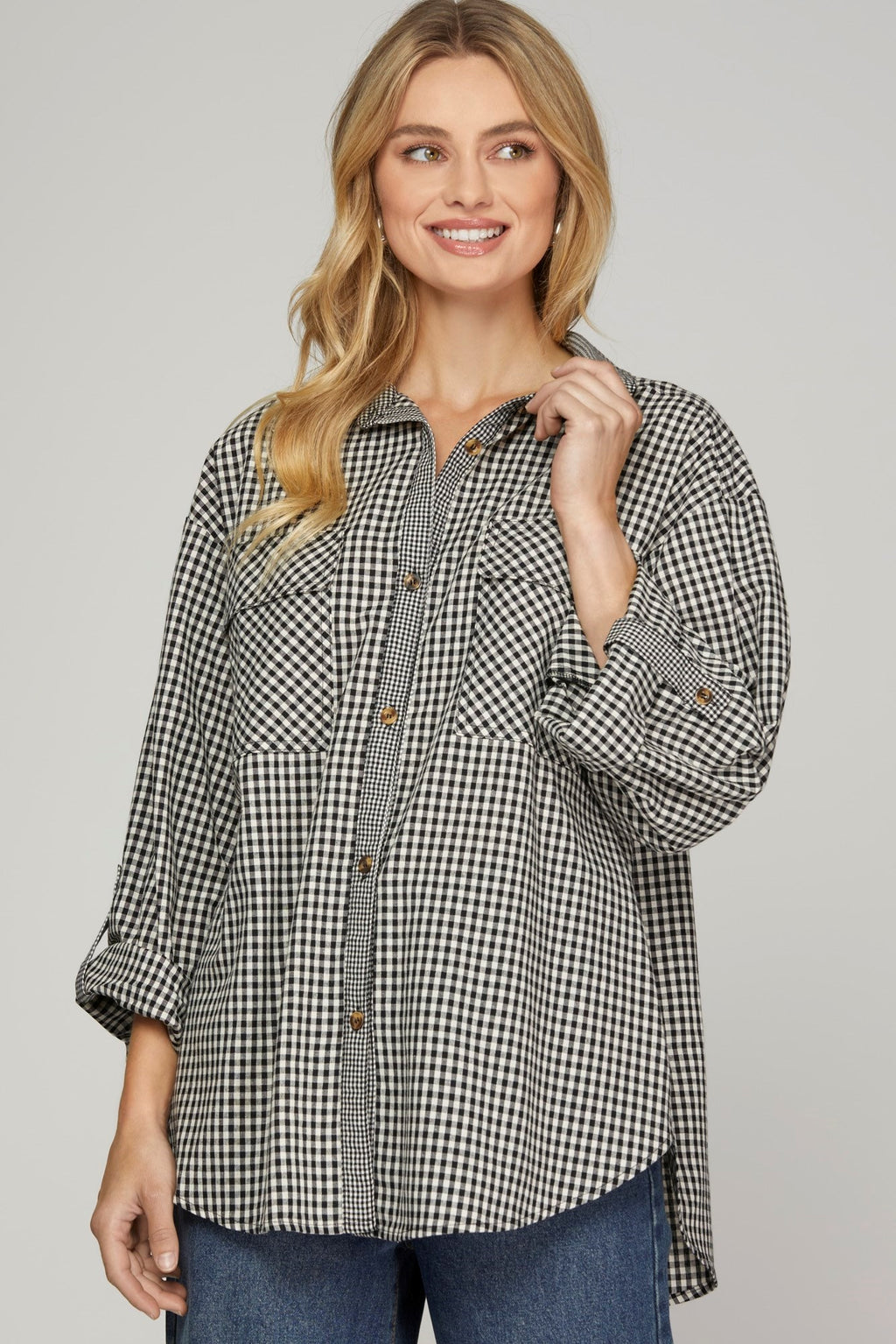 "Maren" Roll Tab Plaid Blouse - The Katie Grace Boutique