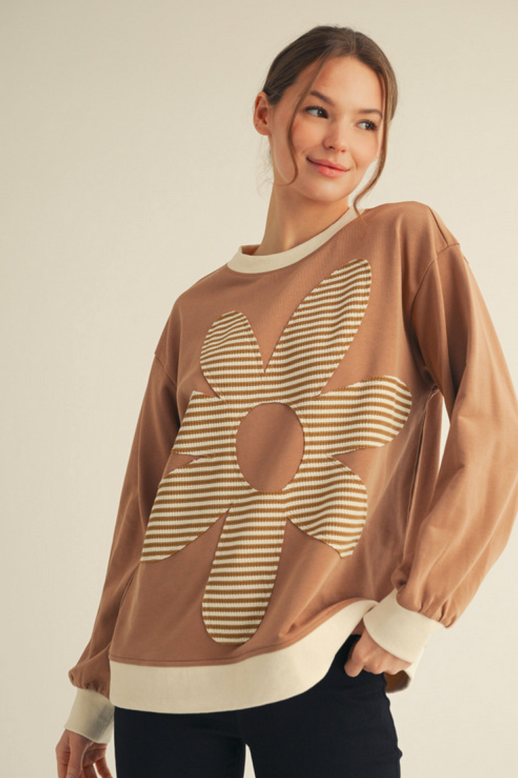 "Cristie" Flower and Stripe Pullover, Mocha - The Katie Grace Boutique