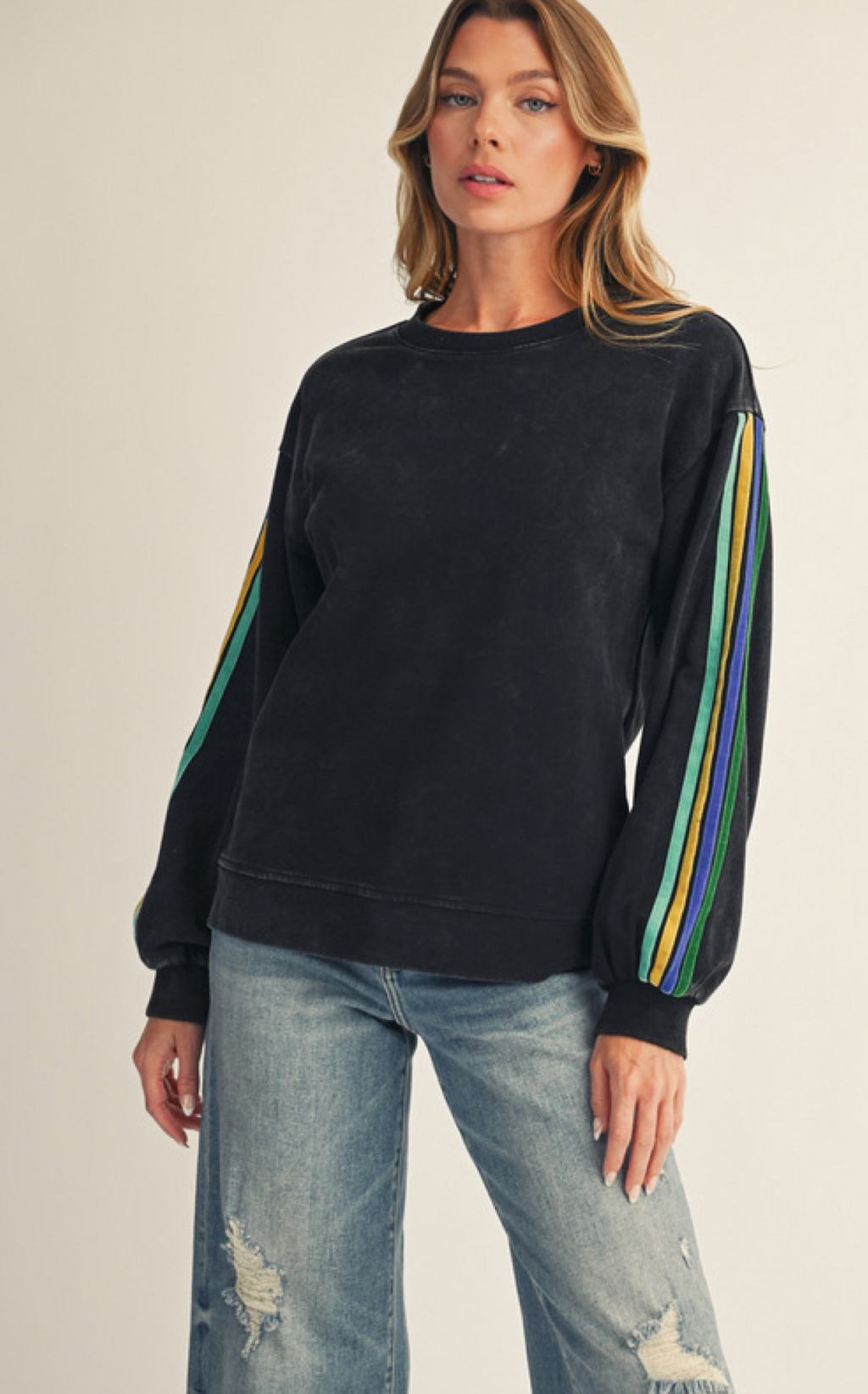 "Rainey" Mineral Washed Pullover with Velvet Stripes - The Katie Grace Boutique