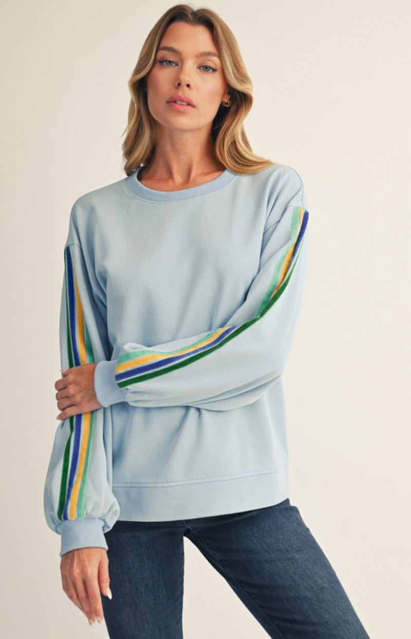 "Skye" Mineral Washed Pullover with Velvet Stripes