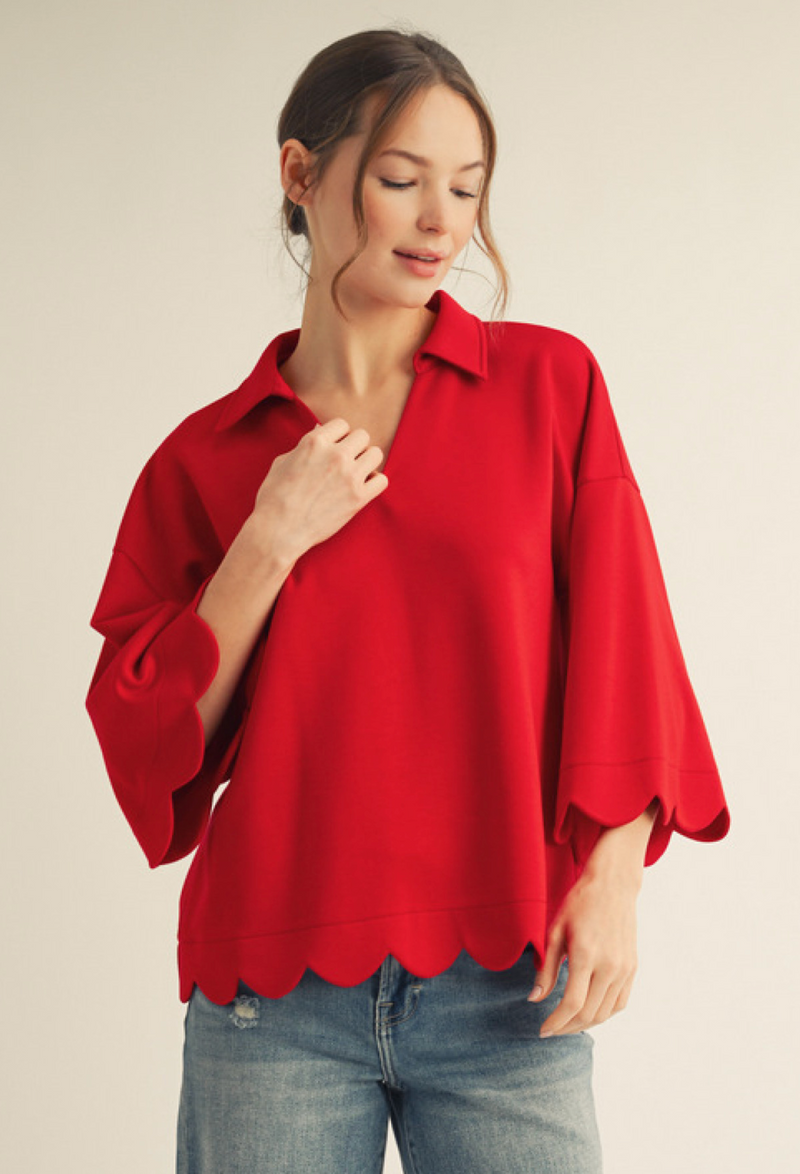 "Selena" Luxe Scalloped Top, Red
