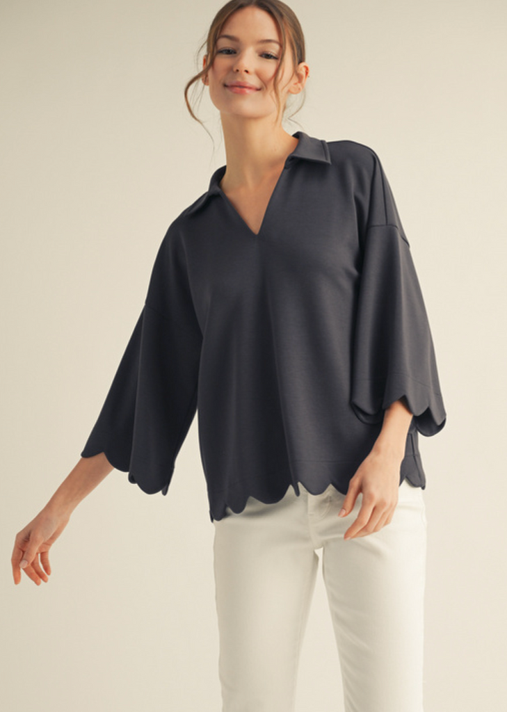 "Terry" Scalloped Luxe Knit Top - The Katie Grace Boutique