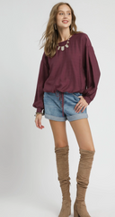 "Alicia" Long Sleeve Blouse with Drawstring, 4 colors - The Katie Grace Boutique