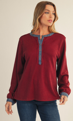 "Zoe" Henley with Denim Trim, 3 colors - The Katie Grace Boutique