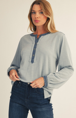"Zoe" Henley with Denim Trim, 3 colors - The Katie Grace Boutique