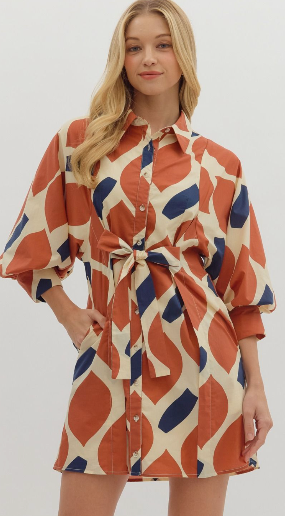 "Melissa" Rust and Navy Print Sleeve Dress - The Katie Grace Boutique