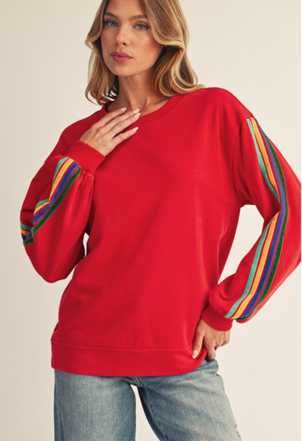 "Kate" Mineral Washed Pullover with Velvet Stripes, Red