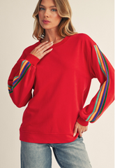 "Kate" Mineral Washed Pullover with Velvet Stripes, Red - The Katie Grace Boutique