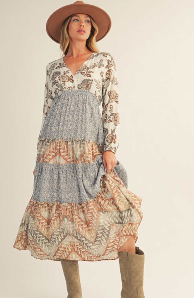 "Alicia" Tiered Mixed Pattern Dress - The Katie Grace Boutique
