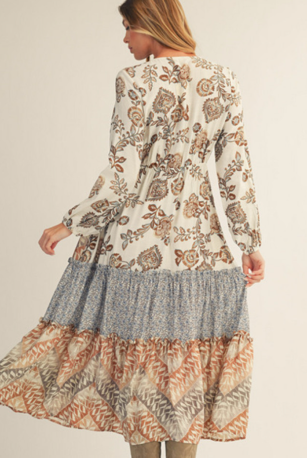 "Alicia" Tiered Mixed Pattern Dress - The Katie Grace Boutique