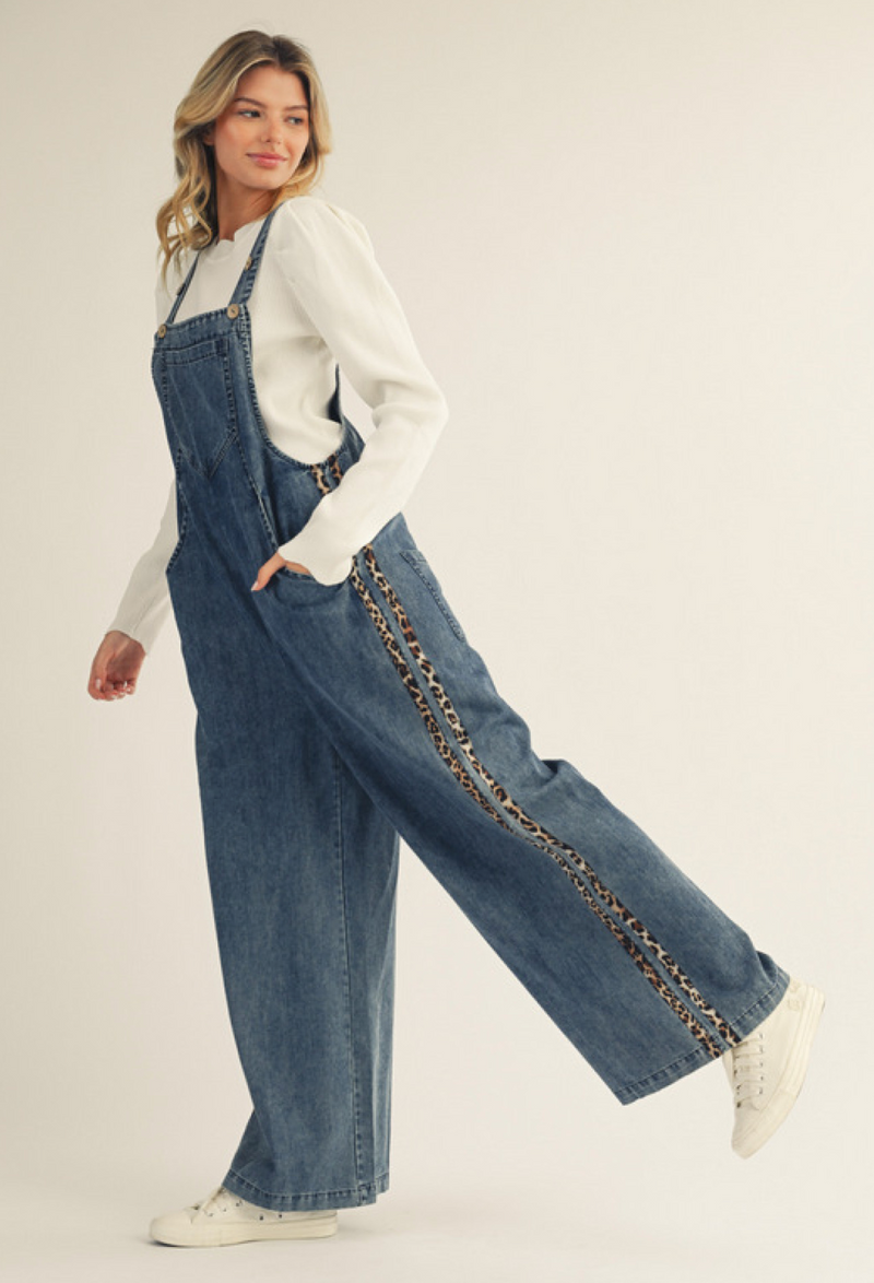 "Leanna" Jumpsuit Overalls with Leopard Stripe