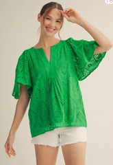 "Cris" Eyelet Blouse, Green - The Katie Grace Boutique