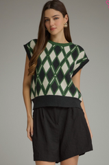 "Athena" Cap Sleeve Argyle Sweater - The Katie Grace Boutique