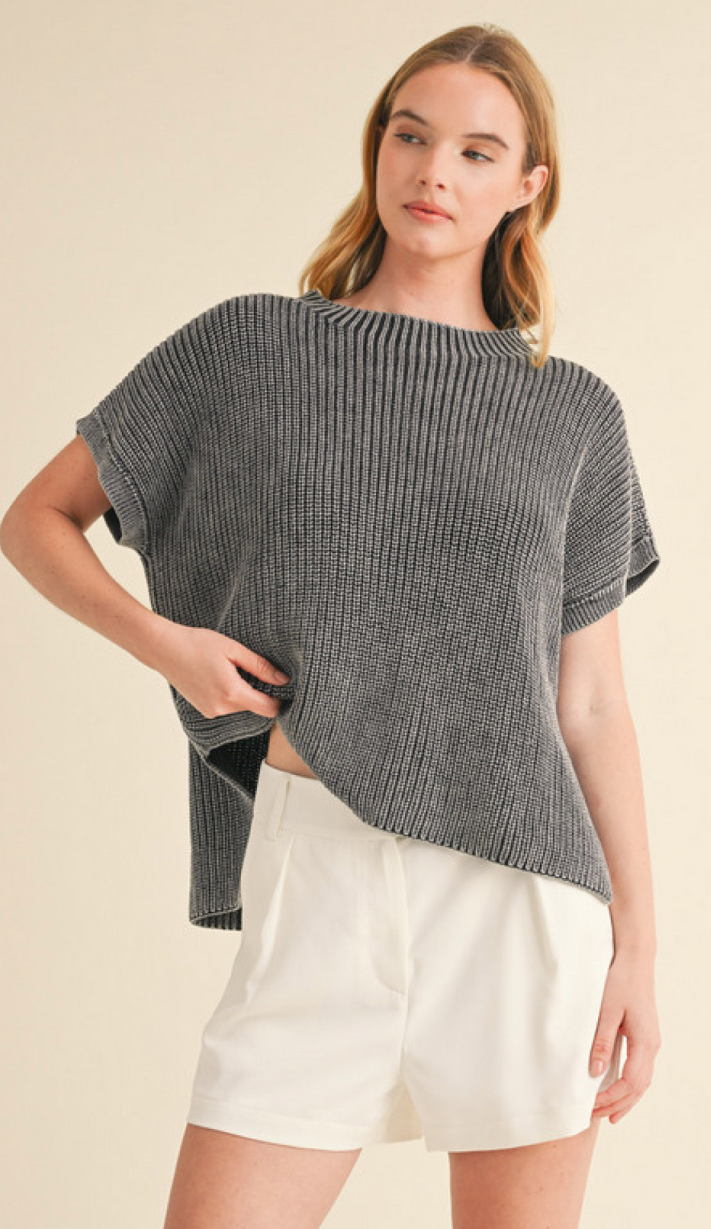 "Stacy" Mineral Washed Cap Sweater - The Katie Grace Boutique